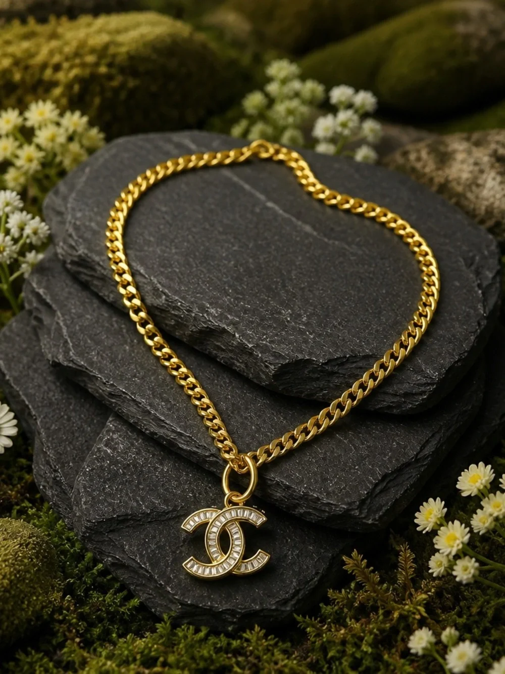 Gold-Tone Chunky Chain Necklace with CC Pendant